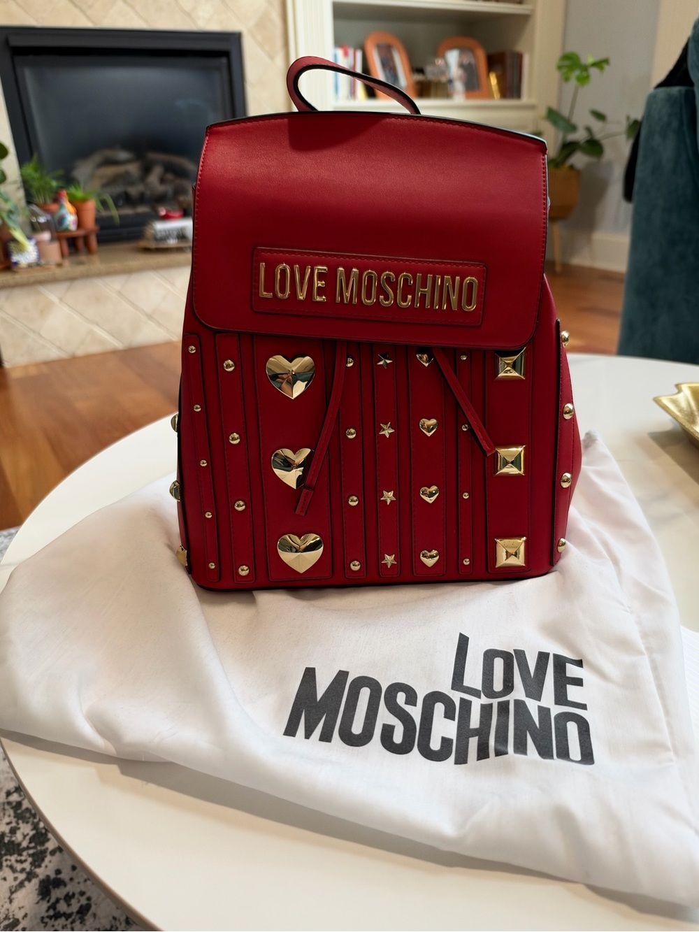 Love Moschino Red Gold Studded Heart Star Backpack Rucksack + Dust Bag